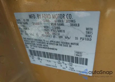 2009 Ford F-150 Stx/Xl z USA, uszkodzony, nr VIN 1FTRX12W49KB44839